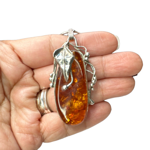 Amber Stone with Leaf Vines Designs Sterling Pendant Sneak Chain Necklace - Picture 3 of 9